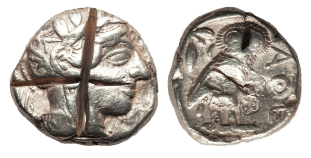 Афины, тетрадрахма 440-404 гг до н.э. с «тест-катами»