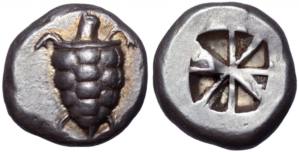 Эгина, 530-525 гг до н.э., статер с изображением морской черепахи. Металл: серебро. Вес: 12.37 г.