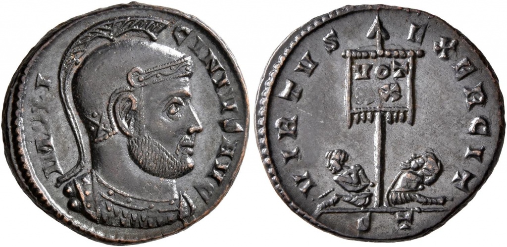 Фоллис императора Лициния I, 308-324 г.г., с изображением пленников, сидящих под римским штандартом.