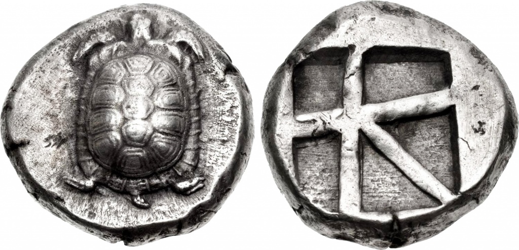 Эгина, 456\45-431 гг до г.э., статер с изображением сухопутной черепахи. Металл: серебро. Вес: 12.19 г.
