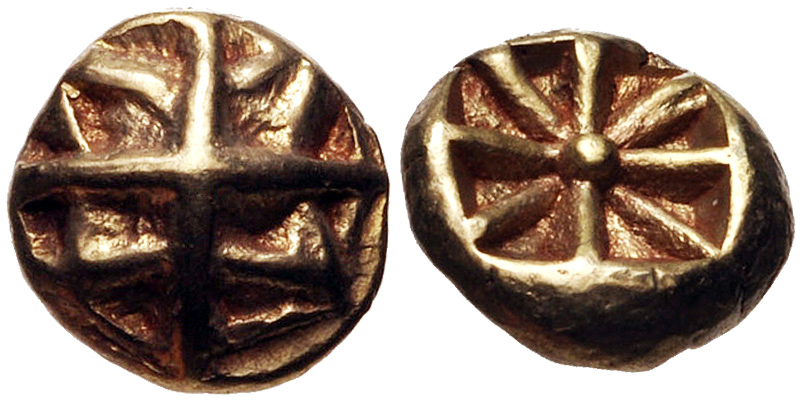 Иония, 625-600 гг. до н.э. Номинал: гемигекте (1/12 статера), геометрический тип. Металл: электр, вес 1.14 г.